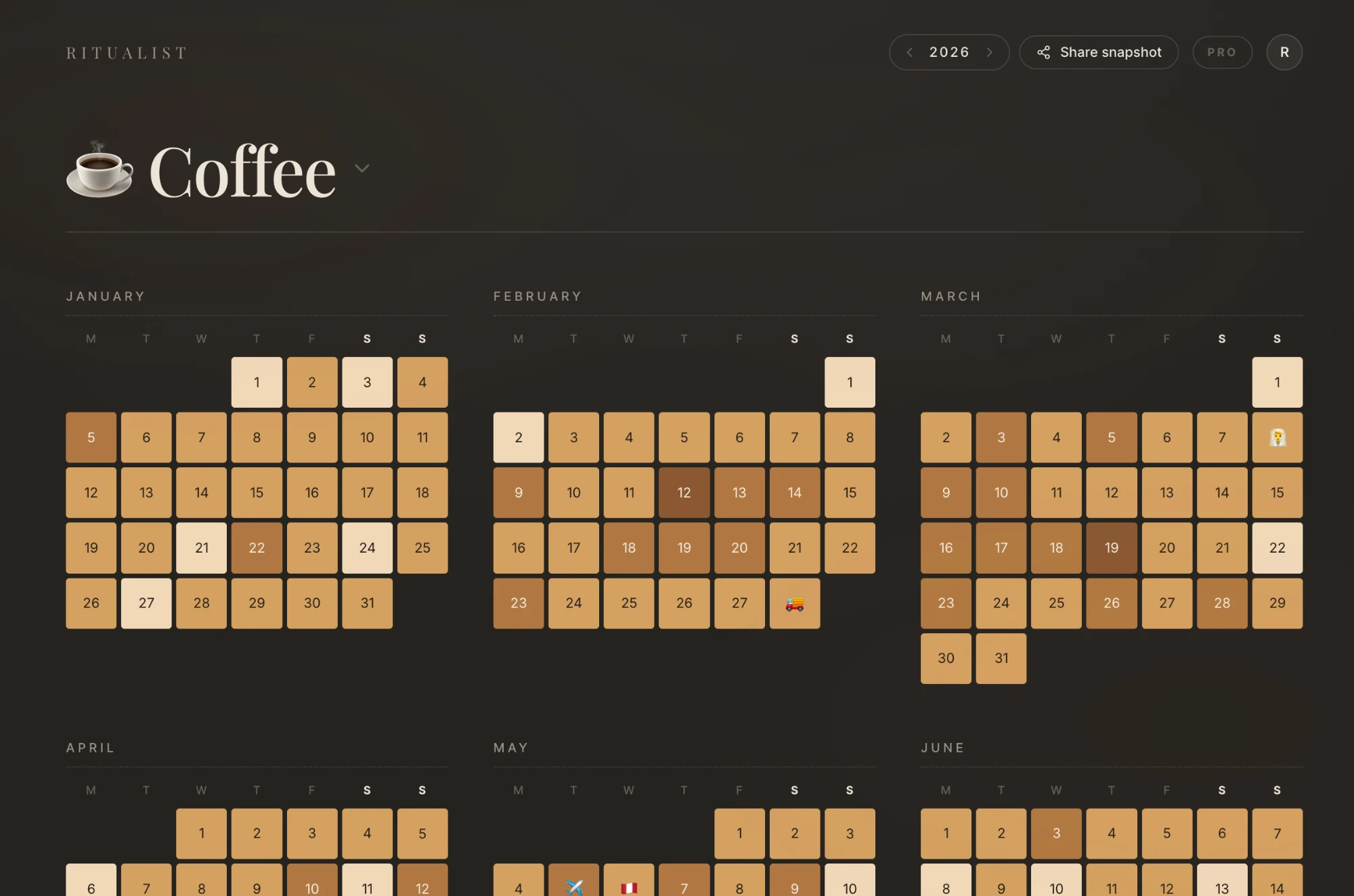 Ritualist year view of a Coffee tracker, each day shaded in tones of brown